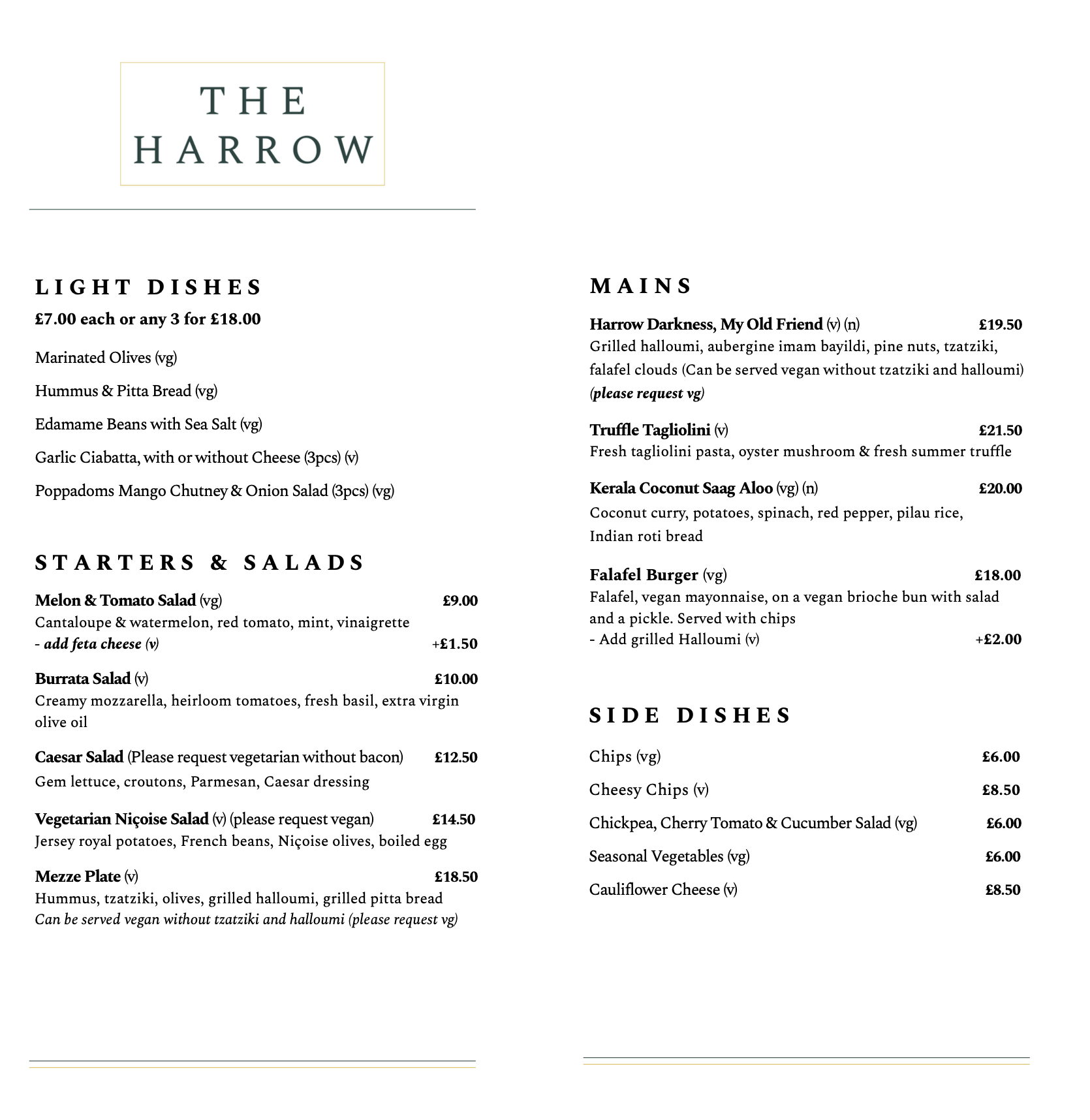 Vegan and Vegitarian Menu